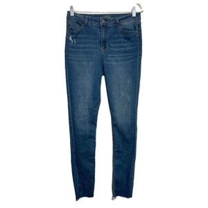 True Craft Women's Skinny Jeans 9 Blue Denim‎ Distressed Raw Hem Frayed Stretch